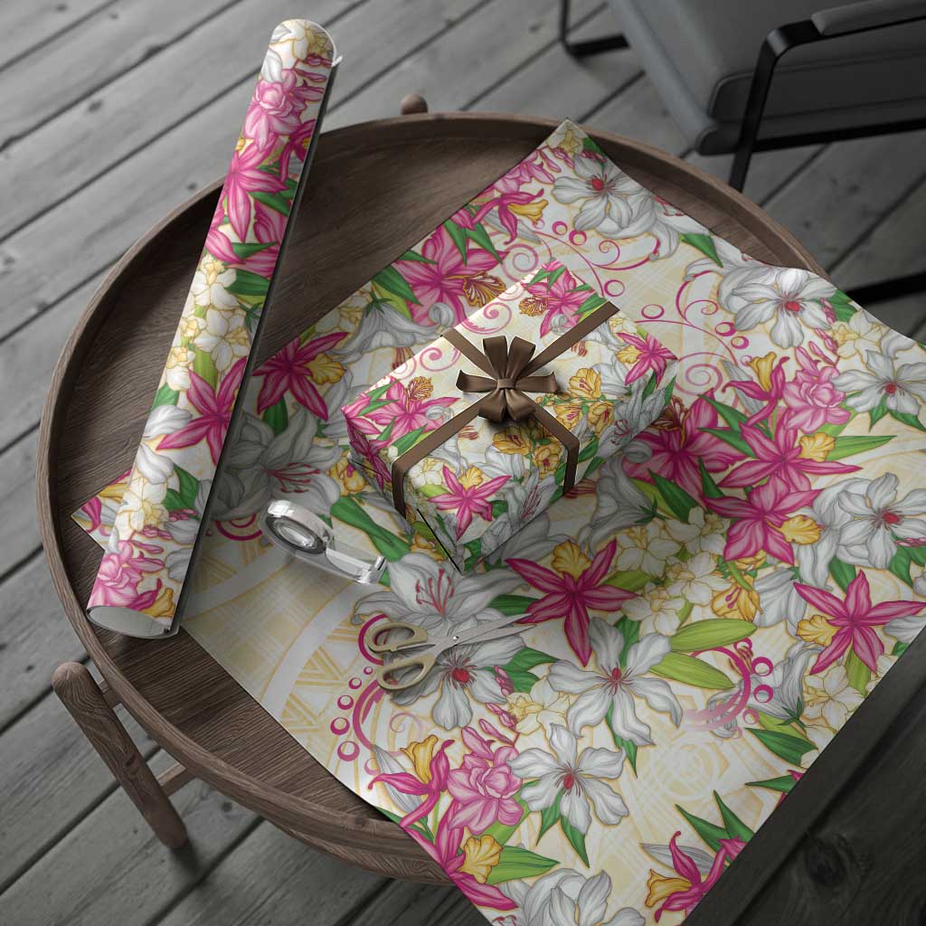 Hawaii Palaka Wrapping Paper Yellow Tribal Pattern With Tropical Flowers LT05 - Polynesian Pride