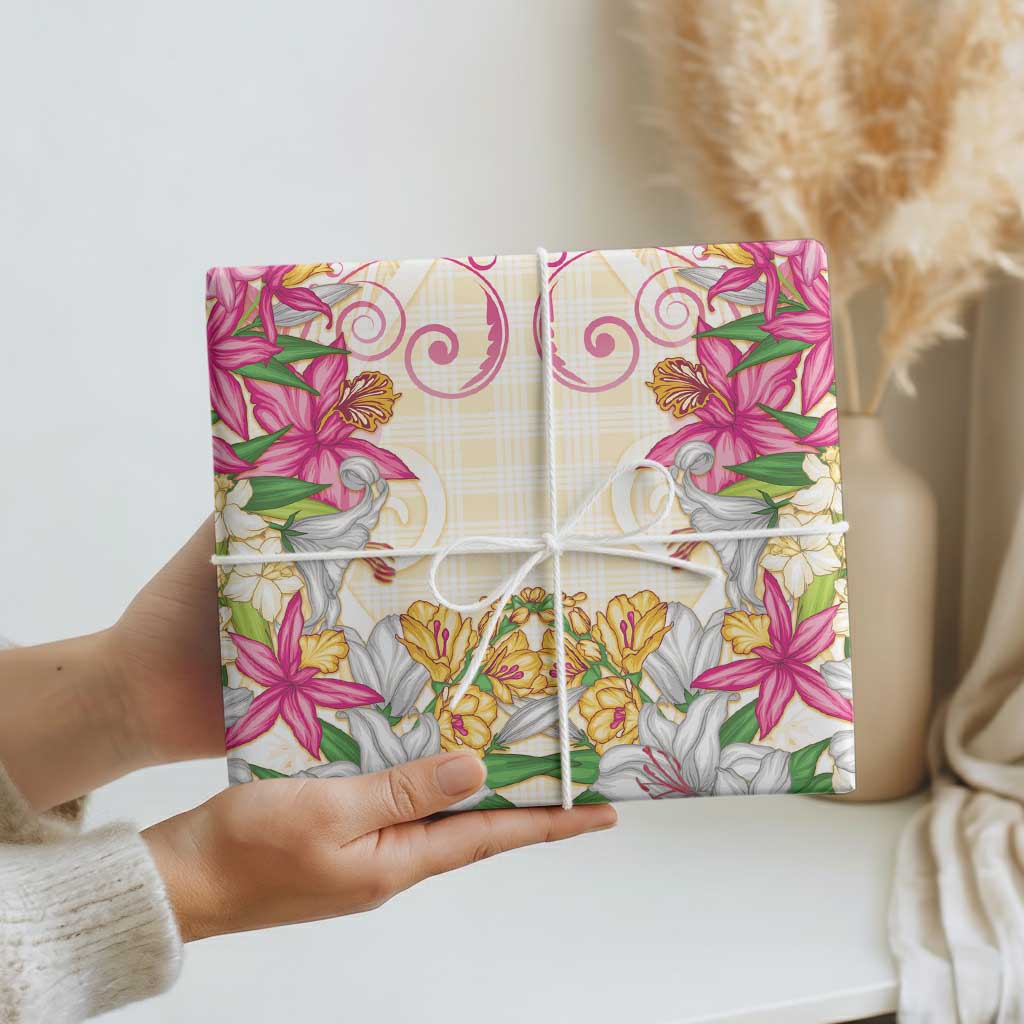 Hawaii Palaka Wrapping Paper Yellow Tribal Pattern With Tropical Flowers LT05 - Polynesian Pride