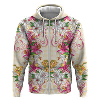 Hawaii Palaka Zip Hoodie Yellow Tribal Pattern With Tropical Flowers - Polynesian Pride