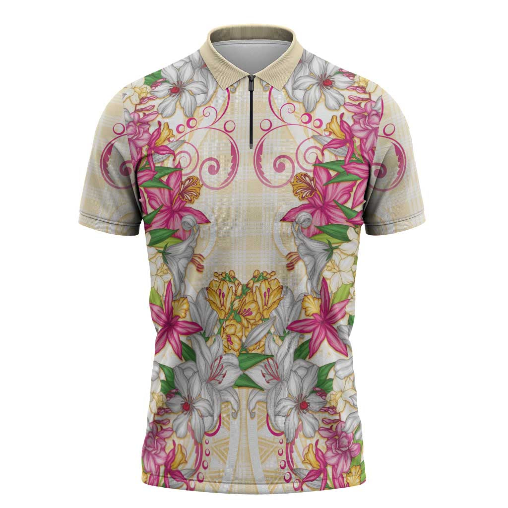 Hawaii Palaka Zipper Polo Shirt Yellow Tribal Pattern With Tropical Flowers LT05 Yellow - Polynesian Pride