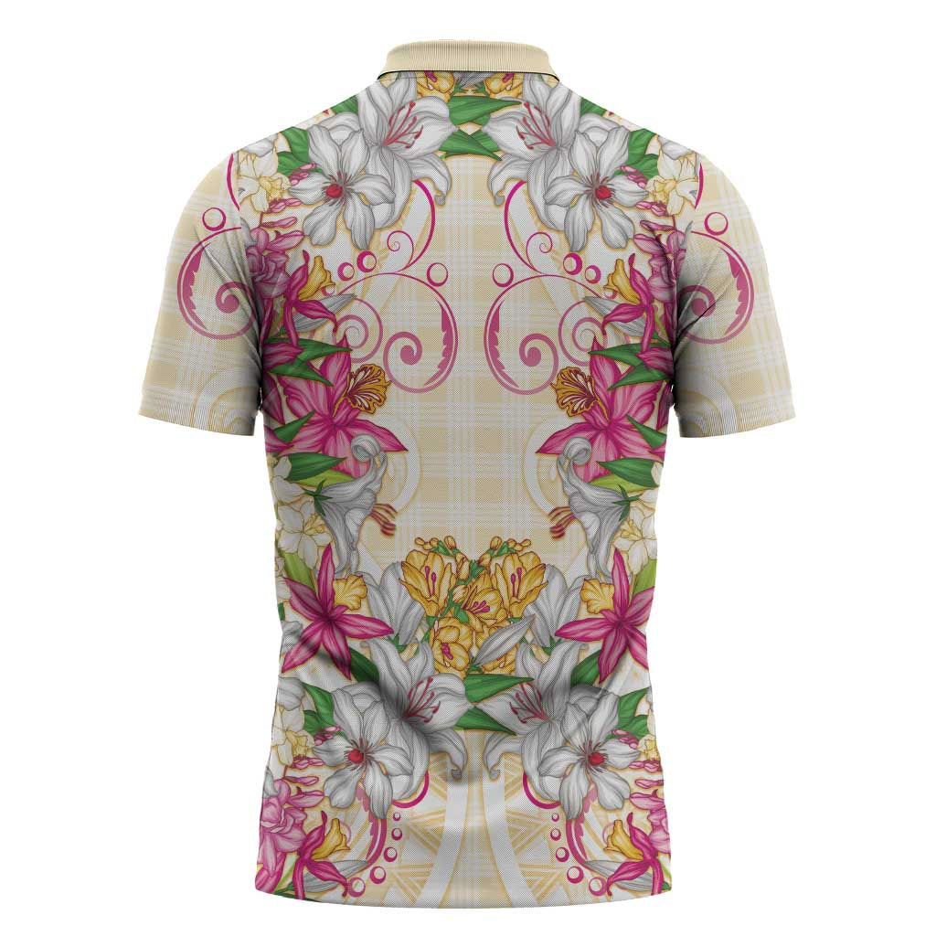Hawaii Palaka Zipper Polo Shirt Yellow Tribal Pattern With Tropical Flowers LT05 - Polynesian Pride