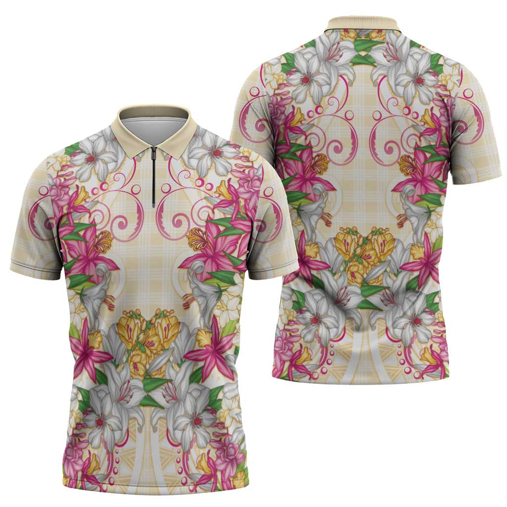 Hawaii Palaka Zipper Polo Shirt Yellow Tribal Pattern With Tropical Flowers LT05 - Polynesian Pride