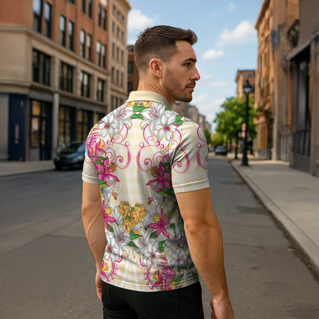 Hawaii Palaka Zipper Polo Shirt Yellow Tribal Pattern With Tropical Flowers LT05 - Polynesian Pride