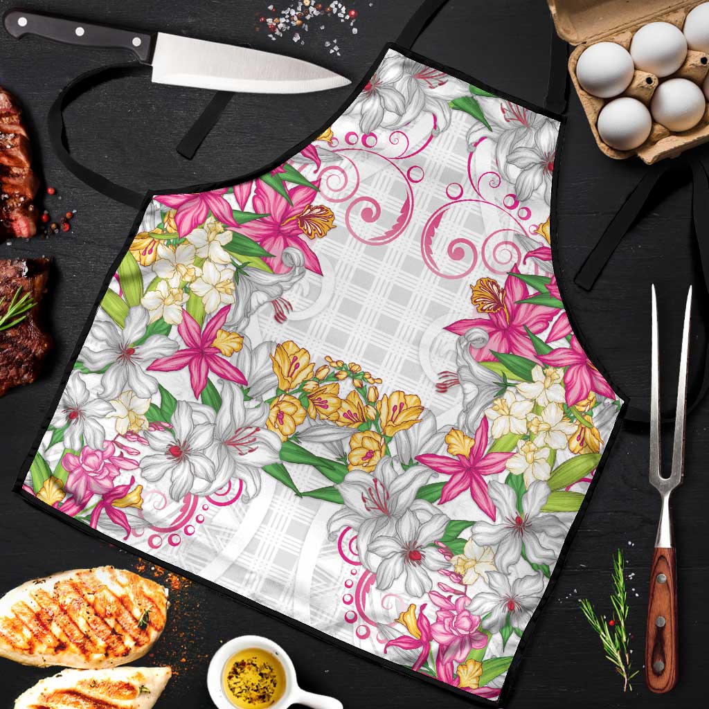 Hawaii Palaka Apron White Tribal Pattern With Tropical Flowers LT05 White - Polynesian Pride