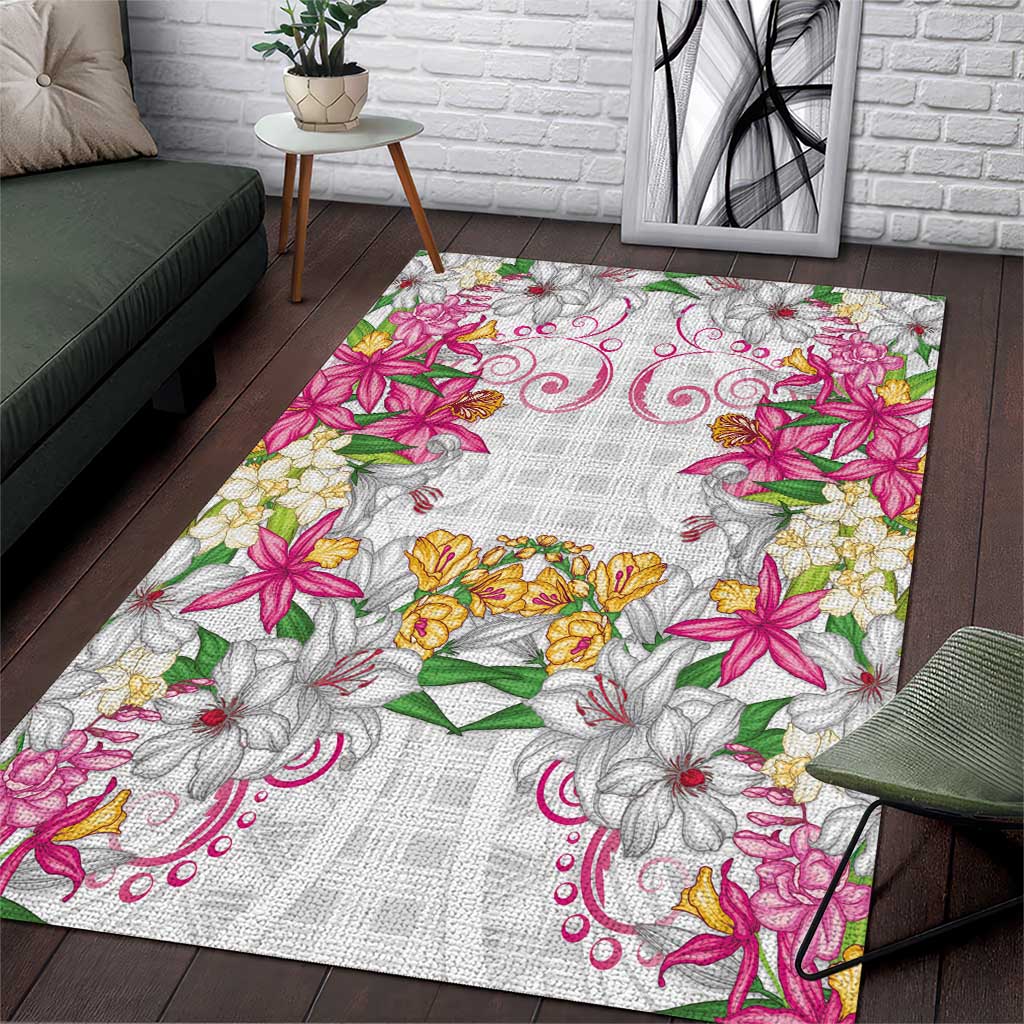 Hawaii Palaka Area Rug White Tribal Pattern With Tropical Flowers - Polynesian Pride