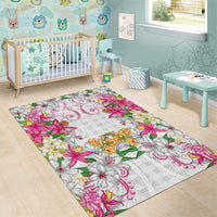 Hawaii Palaka Area Rug White Tribal Pattern With Tropical Flowers - Polynesian Pride