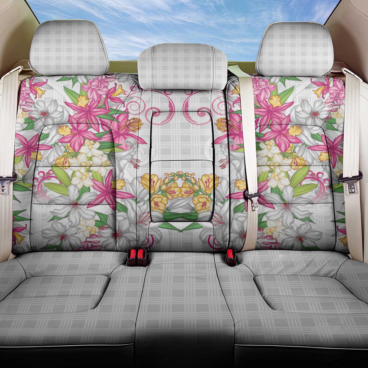 Hawaii Palaka Back Car Seat Cover White Tribal Pattern With Tropical Flowers - Polynesian Pride