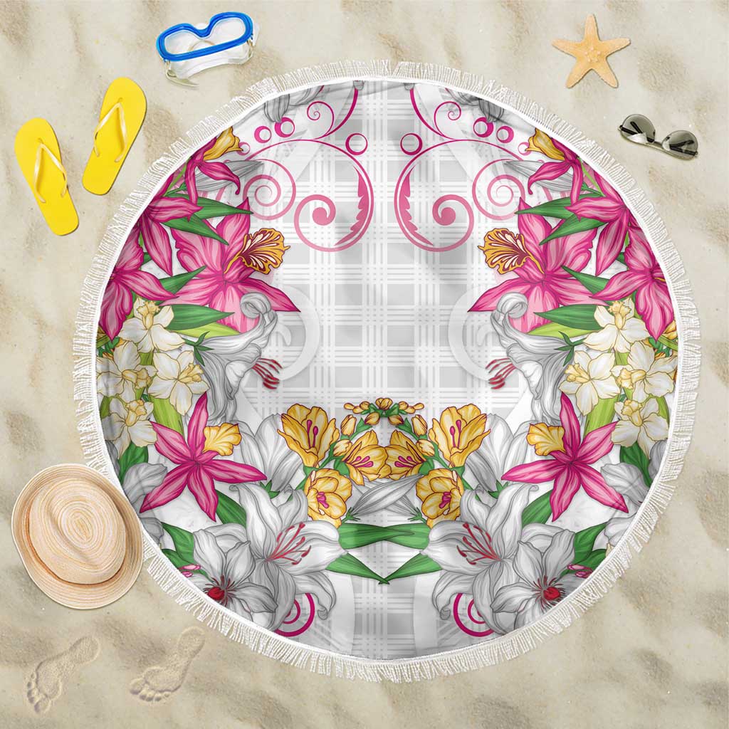 Hawaii Palaka Beach Blanket White Tribal Pattern With Tropical Flowers LT05 One Size 150cm White - Polynesian Pride