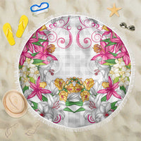 Hawaii Palaka Beach Blanket White Tribal Pattern With Tropical Flowers LT05 One Size 150cm White - Polynesian Pride