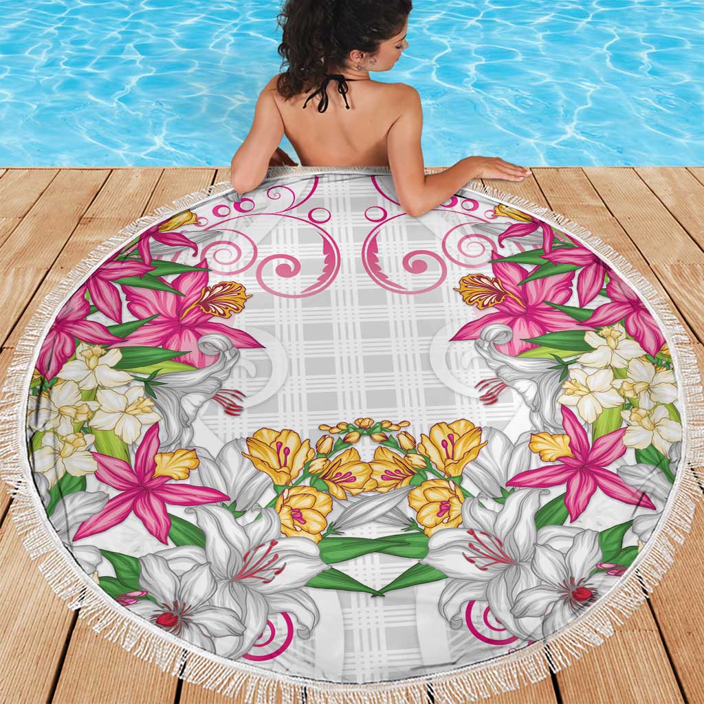 Hawaii Palaka Beach Blanket White Tribal Pattern With Tropical Flowers LT05 - Polynesian Pride