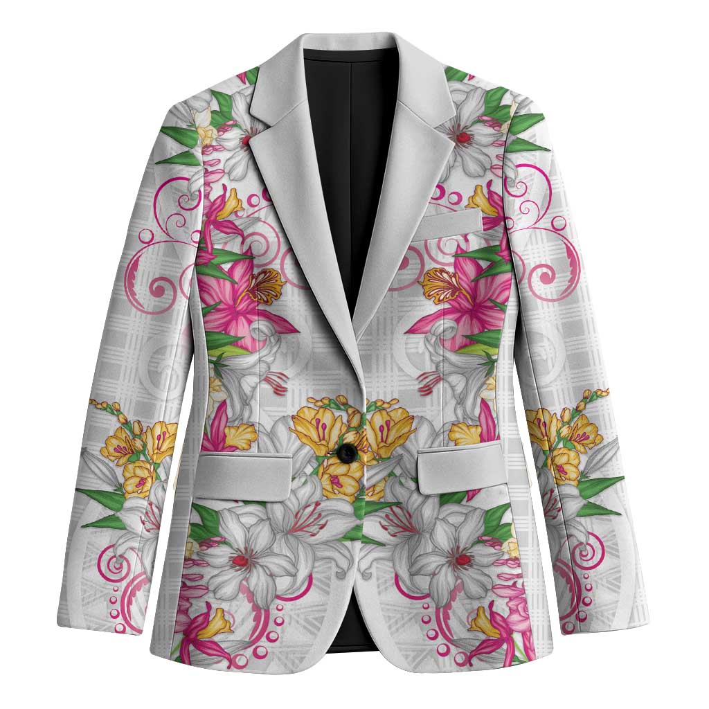 Hawaii Palaka Blazer White Tribal Pattern With Tropical Flowers LT05 Unisex White - Polynesian Pride