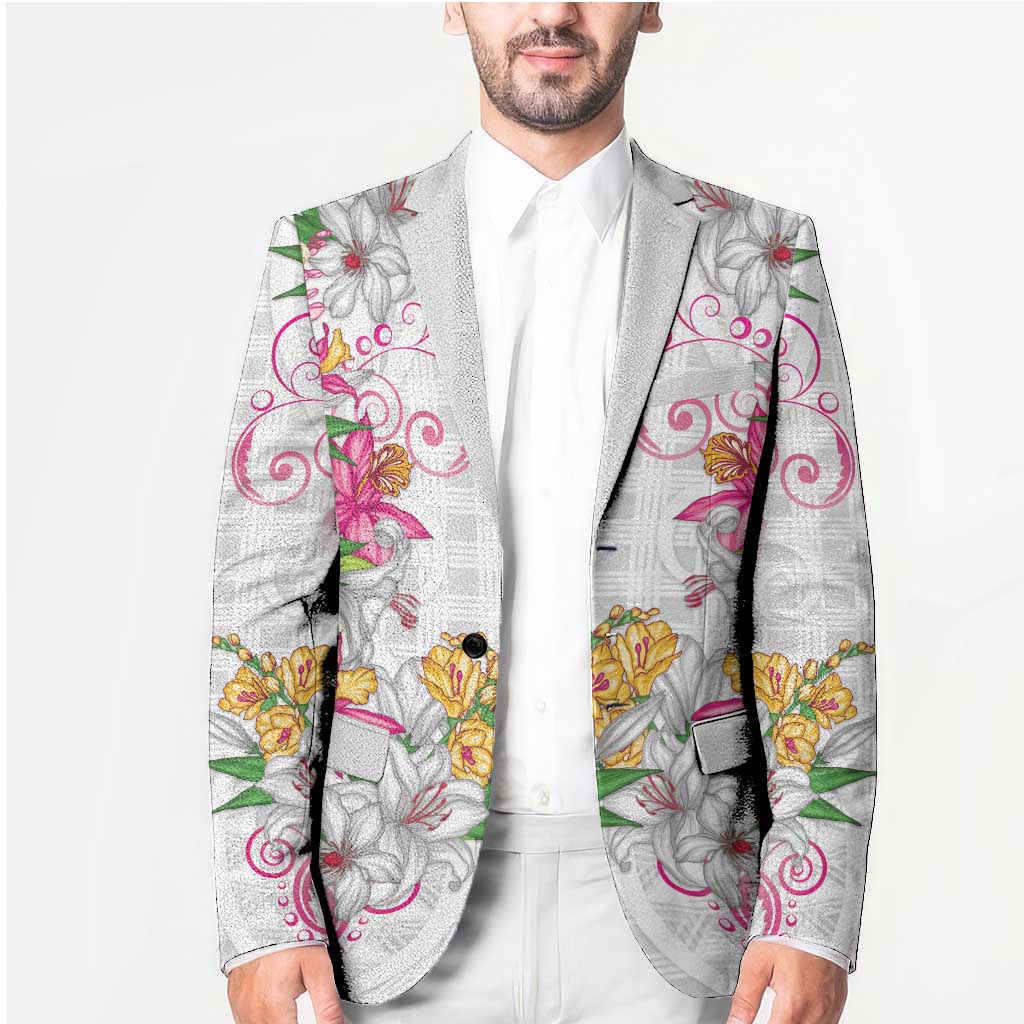 Hawaii Palaka Blazer White Tribal Pattern With Tropical Flowers LT05 - Polynesian Pride