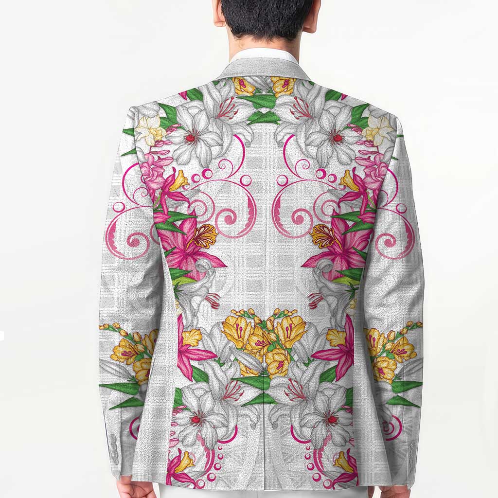 Hawaii Palaka Blazer White Tribal Pattern With Tropical Flowers LT05 - Polynesian Pride