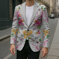 Hawaii Palaka Blazer White Tribal Pattern With Tropical Flowers LT05 - Polynesian Pride