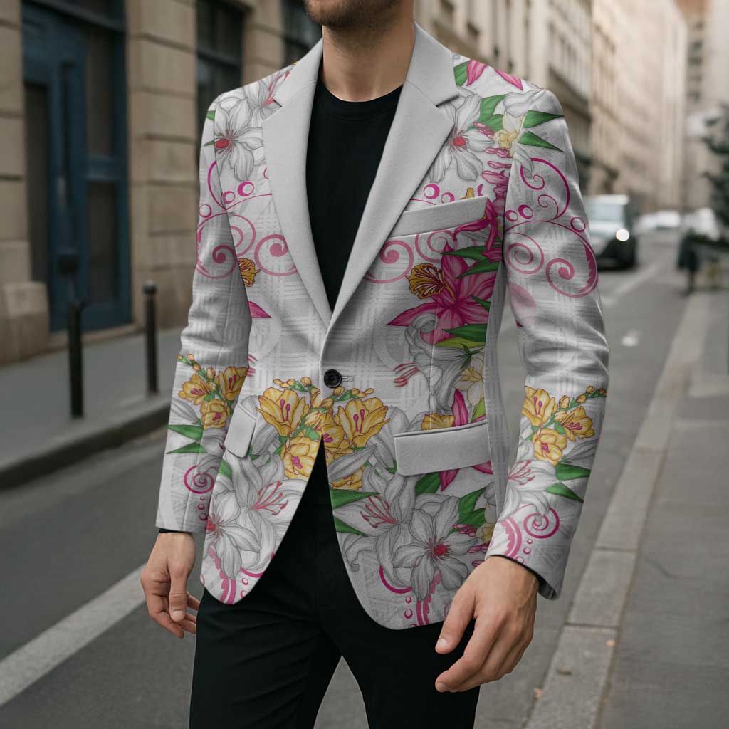 Hawaii Palaka Blazer White Tribal Pattern With Tropical Flowers LT05 - Polynesian Pride