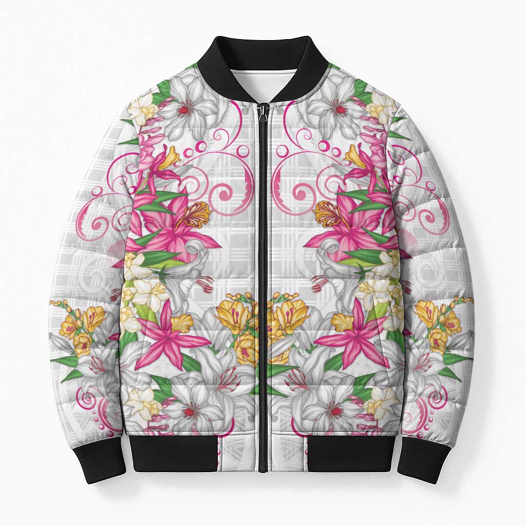 Hawaii Palaka Bomber Puffer Jacket White Tribal Pattern With Tropical Flowers LT05 Unisex White - Polynesian Pride