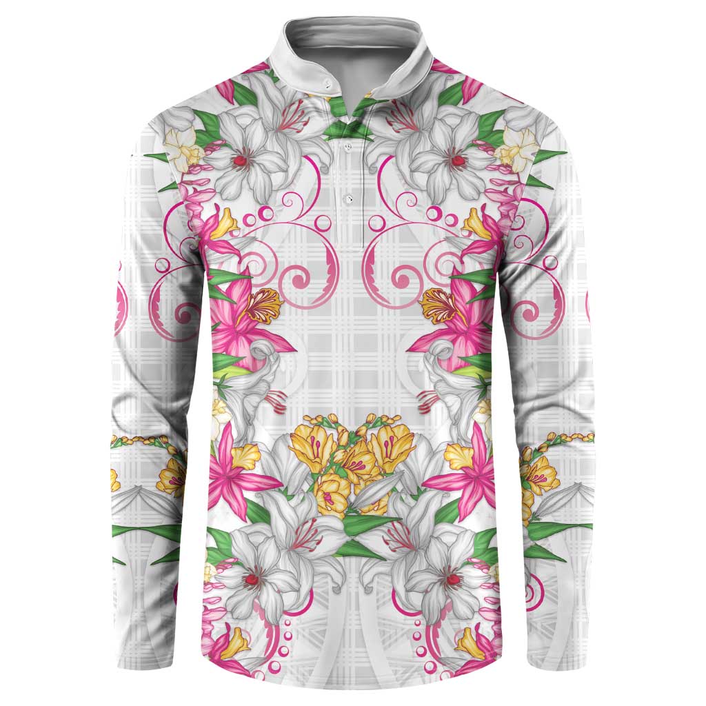 Hawaii Palaka Button Sweatshirt White Tribal Pattern With Tropical Flowers LT05 White - Polynesian Pride