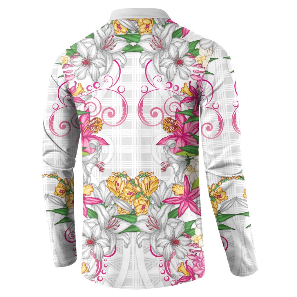 Hawaii Palaka Button Sweatshirt White Tribal Pattern With Tropical Flowers LT05 - Polynesian Pride