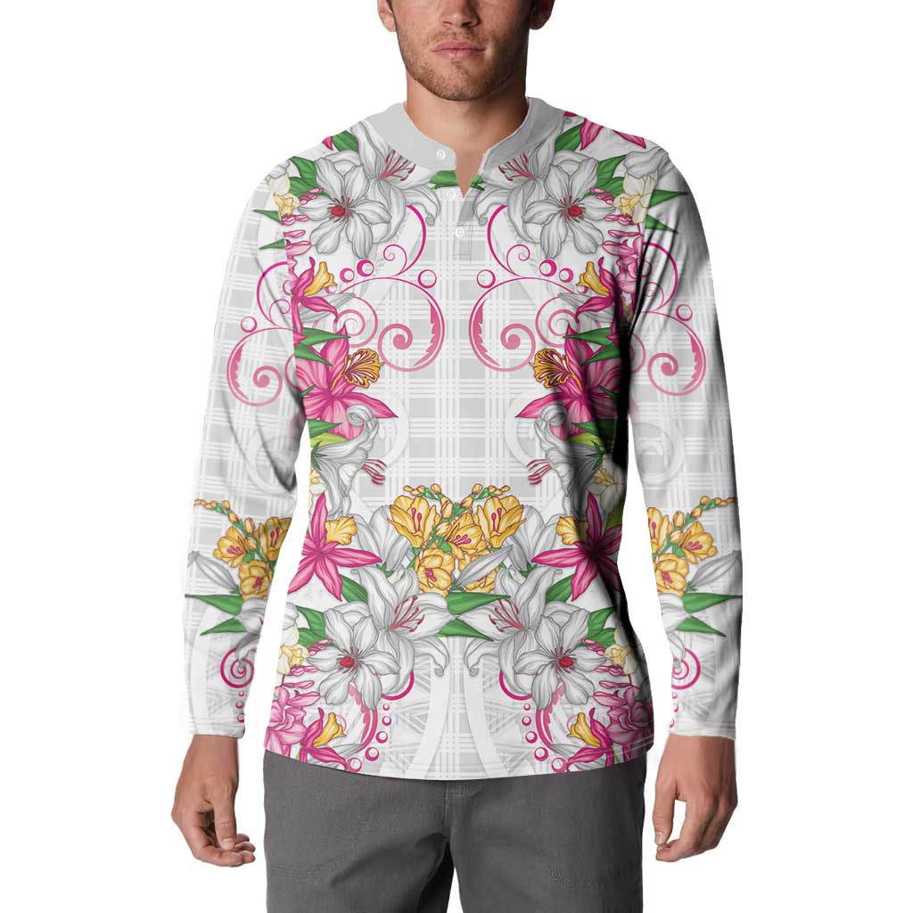 Hawaii Palaka Button Sweatshirt White Tribal Pattern With Tropical Flowers LT05 - Polynesian Pride