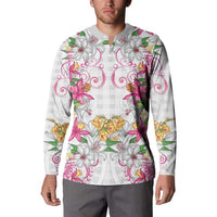 Hawaii Palaka Button Sweatshirt White Tribal Pattern With Tropical Flowers LT05 - Polynesian Pride