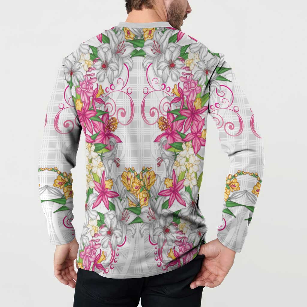 Hawaii Palaka Button Sweatshirt White Tribal Pattern With Tropical Flowers LT05 - Polynesian Pride