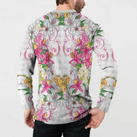 Hawaii Palaka Button Sweatshirt White Tribal Pattern With Tropical Flowers LT05 - Polynesian Pride