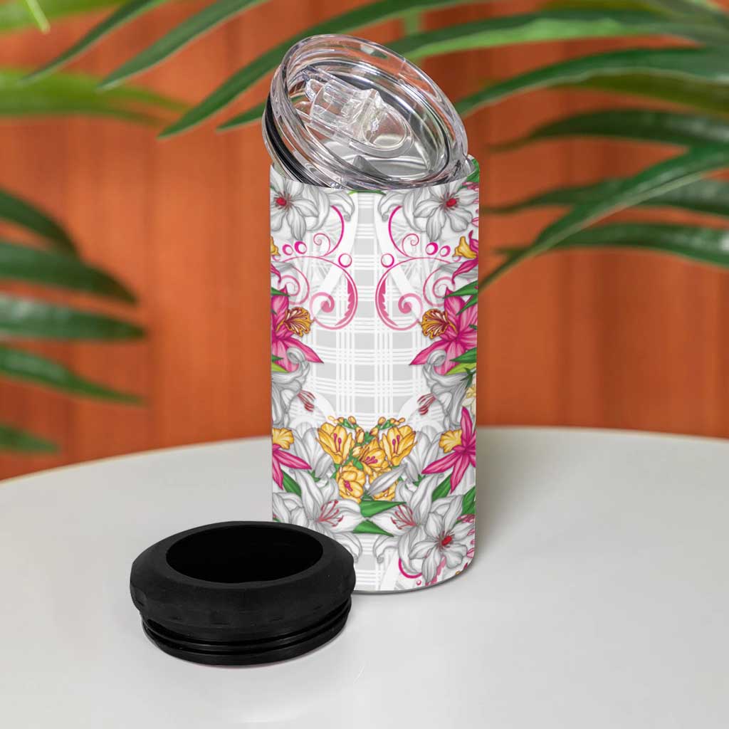 Hawaii Palaka 4 in 1 Can Cooler Tumbler White Tribal Pattern With Tropical Flowers - Polynesian Pride