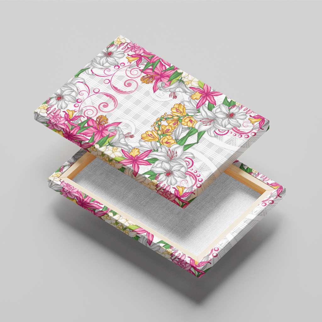 Hawaii Palaka Canvas Wall Art White Tribal Pattern With Tropical Flowers LT05 - Polynesian Pride