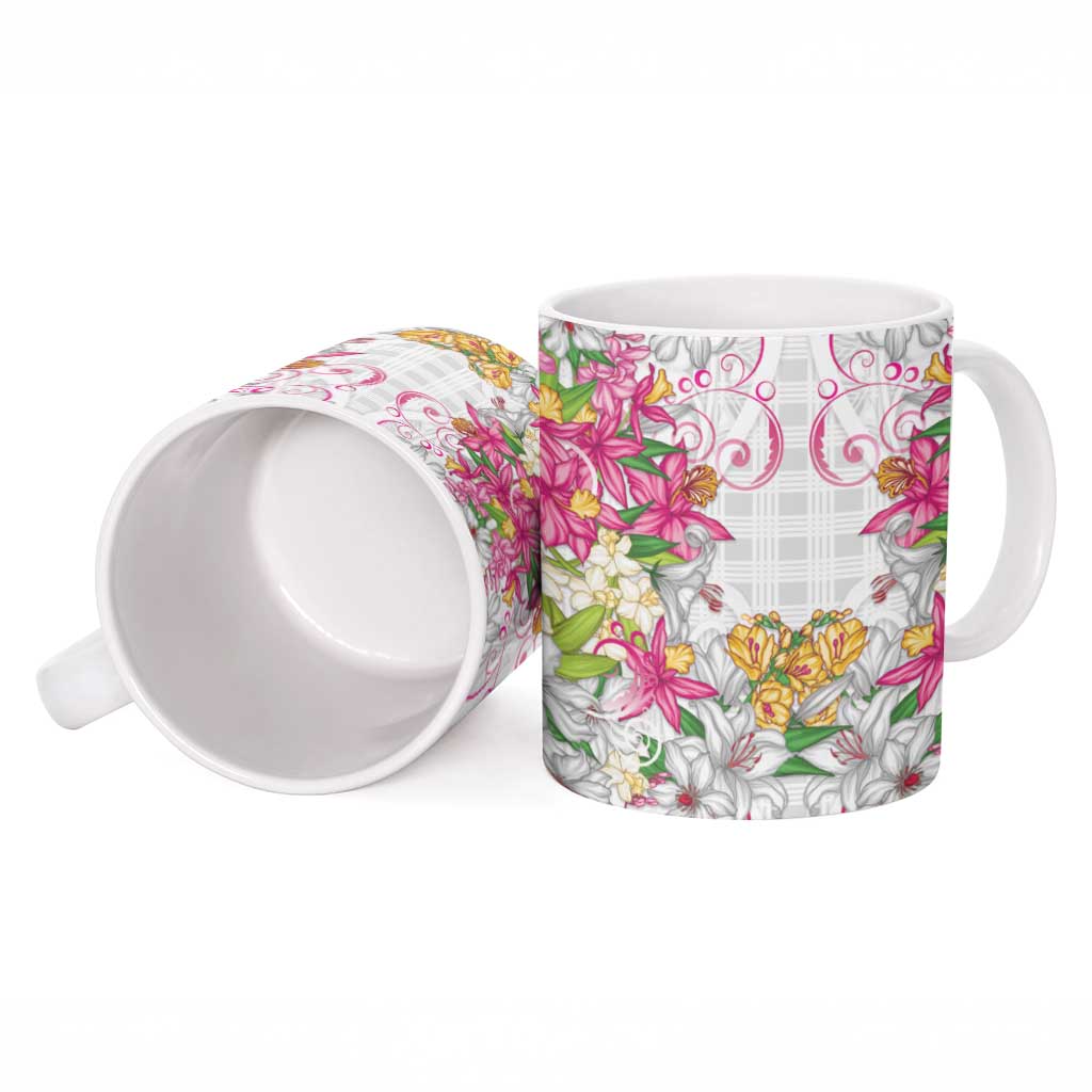 Hawaii Palaka Ceramic Mug White Tribal Pattern With Tropical Flowers LT05 - Polynesian Pride