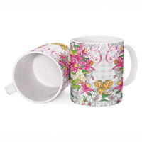 Hawaii Palaka Ceramic Mug White Tribal Pattern With Tropical Flowers LT05 - Polynesian Pride