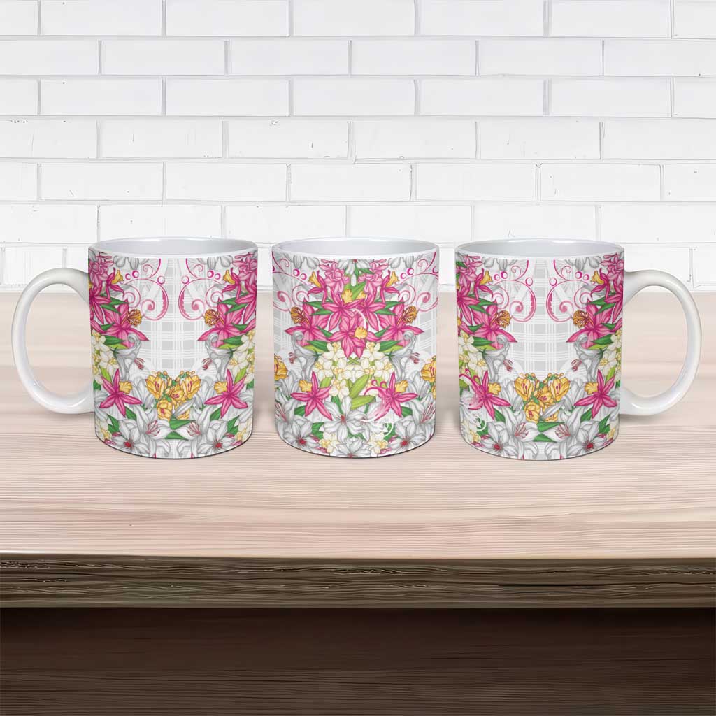 Hawaii Palaka Ceramic Mug White Tribal Pattern With Tropical Flowers LT05 - Polynesian Pride