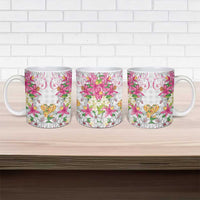Hawaii Palaka Ceramic Mug White Tribal Pattern With Tropical Flowers LT05 - Polynesian Pride