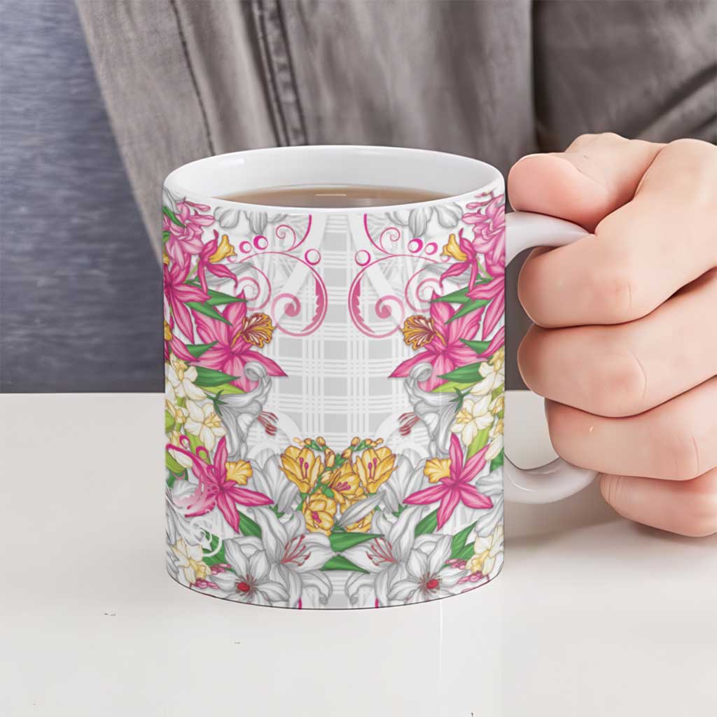 Hawaii Palaka Ceramic Mug White Tribal Pattern With Tropical Flowers LT05 - Polynesian Pride
