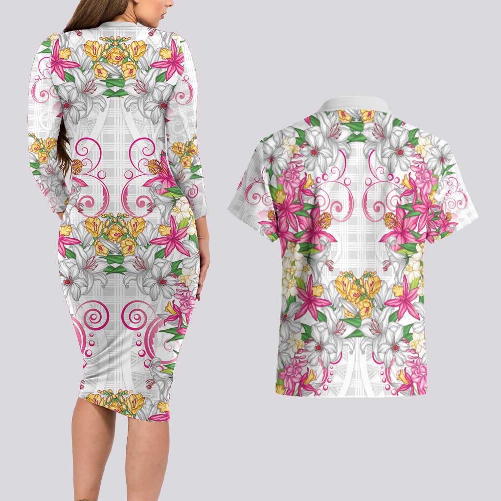 Hawaii Palaka Couples Matching Long Sleeve Bodycon Dress and Hawaiian Shirt White Tribal Pattern With Tropical Flowers - Polynesian Pride