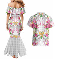 Hawaii Palaka Couples Matching Mermaid Dress and Hawaiian Shirt White Tribal Pattern With Tropical Flowers - Polynesian Pride