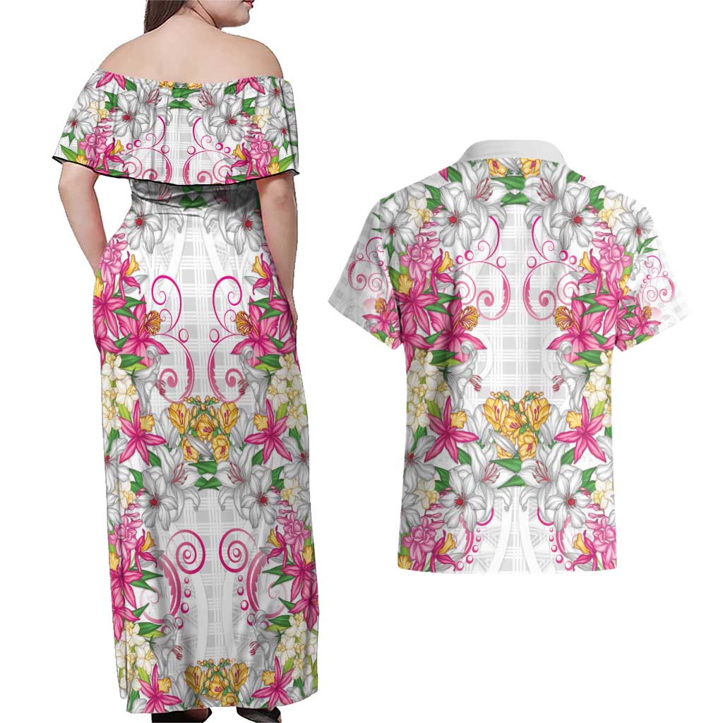 Hawaii Palaka Couples Matching Off Shoulder Maxi Dress and Hawaiian Shirt White Tribal Pattern With Tropical Flowers - Polynesian Pride
