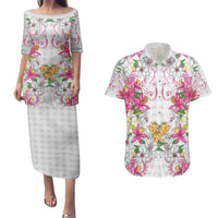 Hawaii Palaka Couples Matching Puletasi and Hawaiian Shirt White Tribal Pattern With Tropical Flowers LT05 White - Polynesian Pride