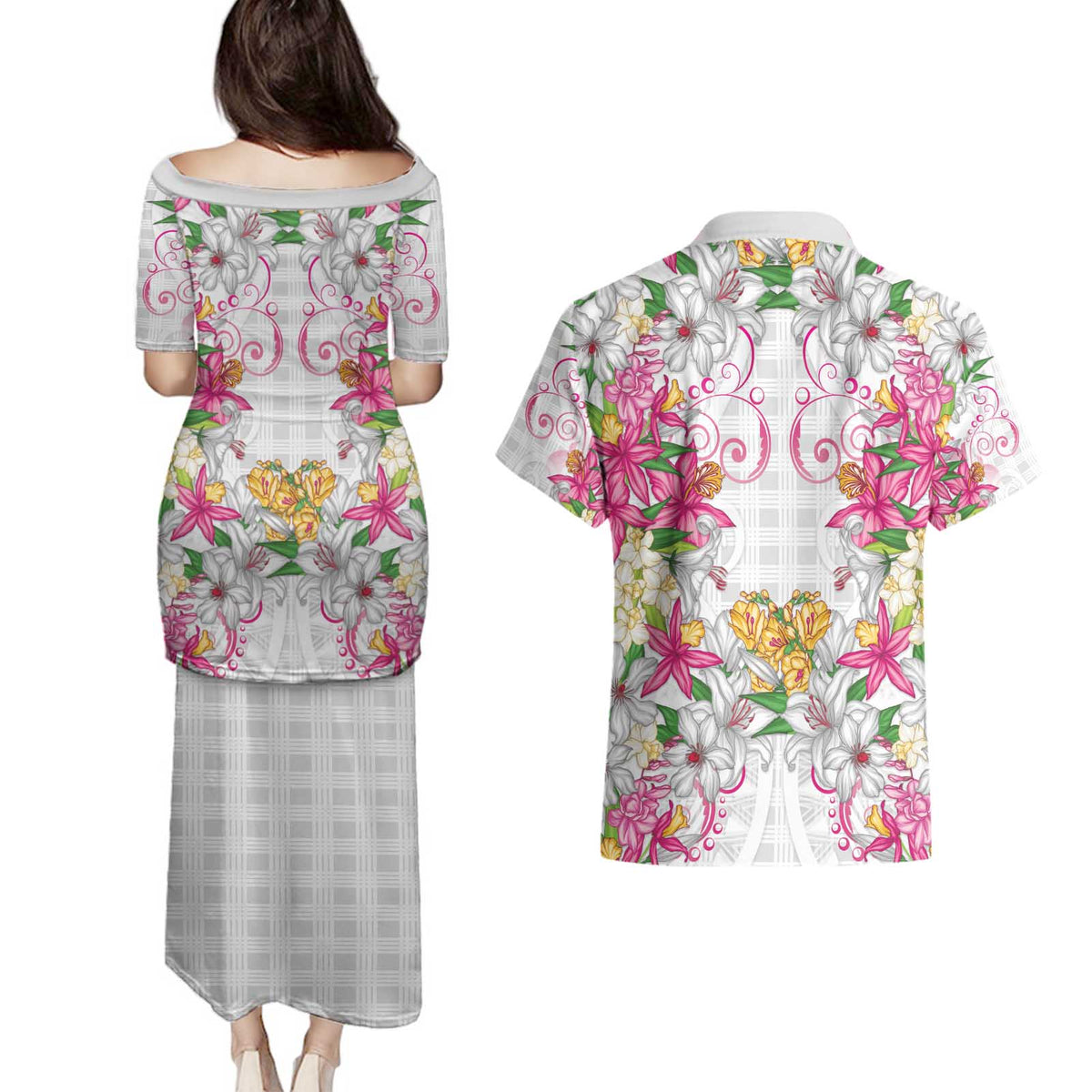 Hawaii Palaka Couples Matching Puletasi and Hawaiian Shirt White Tribal Pattern With Tropical Flowers LT05 - Polynesian Pride