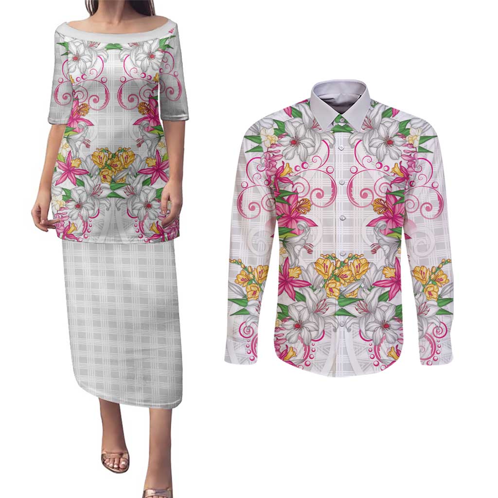 Hawaii Palaka Couples Matching Puletasi and Long Sleeve Button Shirt White Tribal Pattern With Tropical Flowers LT05 White - Polynesian Pride
