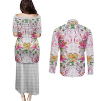 Hawaii Palaka Couples Matching Puletasi and Long Sleeve Button Shirt White Tribal Pattern With Tropical Flowers LT05 - Polynesian Pride