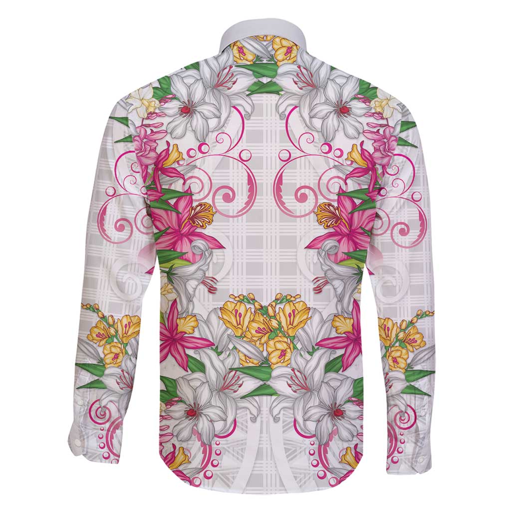 Hawaii Palaka Family Matching Long Sleeve Bodycon Dress and Hawaiian Shirt White Tribal Pattern With Tropical Flowers - Polynesian Pride