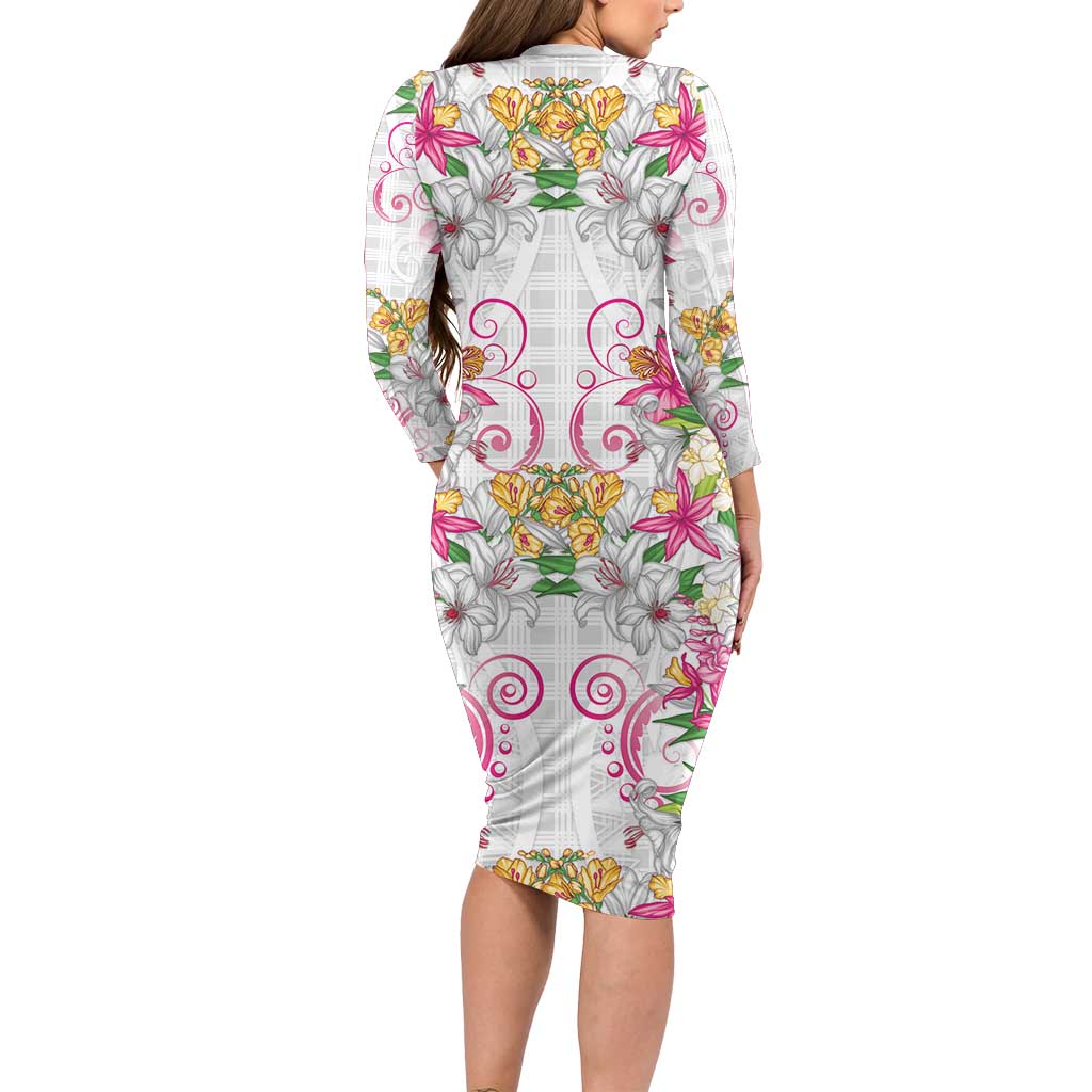 Hawaii Palaka Family Matching Long Sleeve Bodycon Dress and Hawaiian Shirt White Tribal Pattern With Tropical Flowers - Polynesian Pride