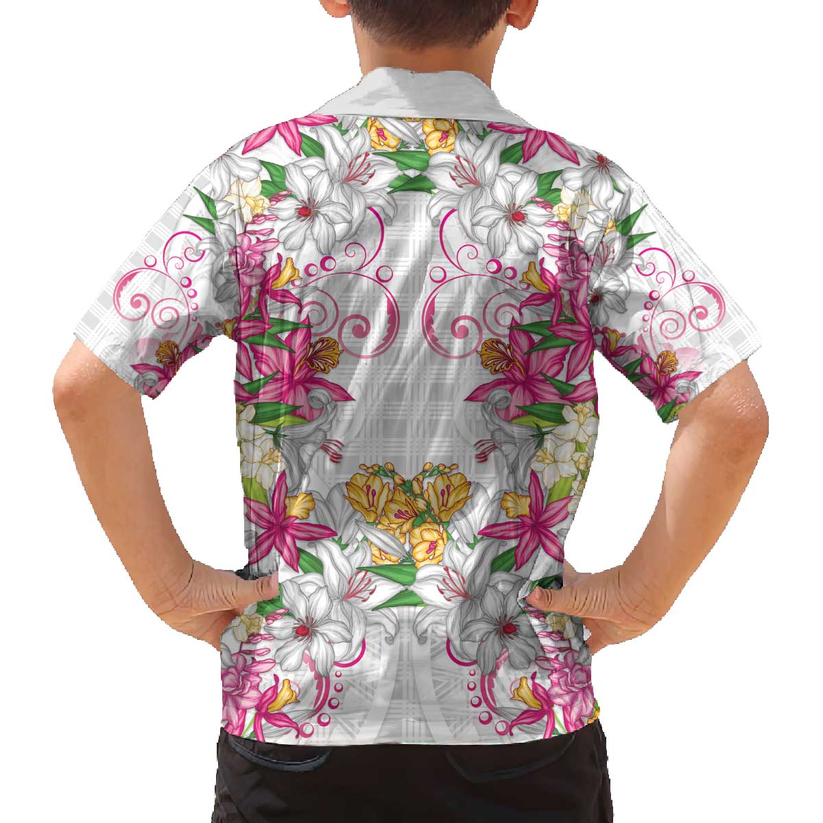 Hawaii Palaka Family Matching Off The Shoulder Long Sleeve Dress and Hawaiian Shirt White Tribal Pattern With Tropical Flowers - Polynesian Pride