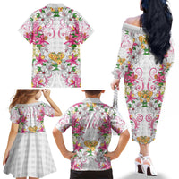 Hawaii Palaka Family Matching Off The Shoulder Long Sleeve Dress and Hawaiian Shirt White Tribal Pattern With Tropical Flowers - Polynesian Pride