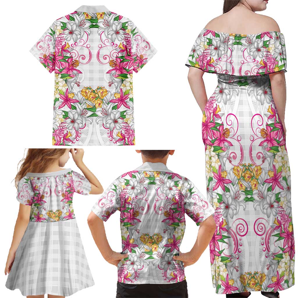 Hawaii Palaka Family Matching Off Shoulder Maxi Dress and Hawaiian Shirt White Tribal Pattern With Tropical Flowers - Polynesian Pride