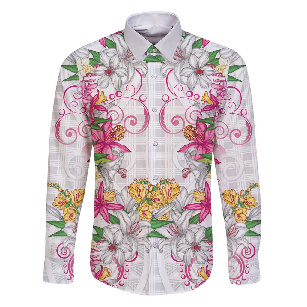 Hawaii Palaka Family Matching Puletasi and Hawaiian Shirt White Tribal Pattern With Tropical Flowers LT05 Dad's Shirt - Long Sleeve White - Polynesian Pride