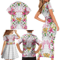 Hawaii Palaka Family Matching Short Sleeve Bodycon Dress and Hawaiian Shirt White Tribal Pattern With Tropical Flowers - Polynesian Pride