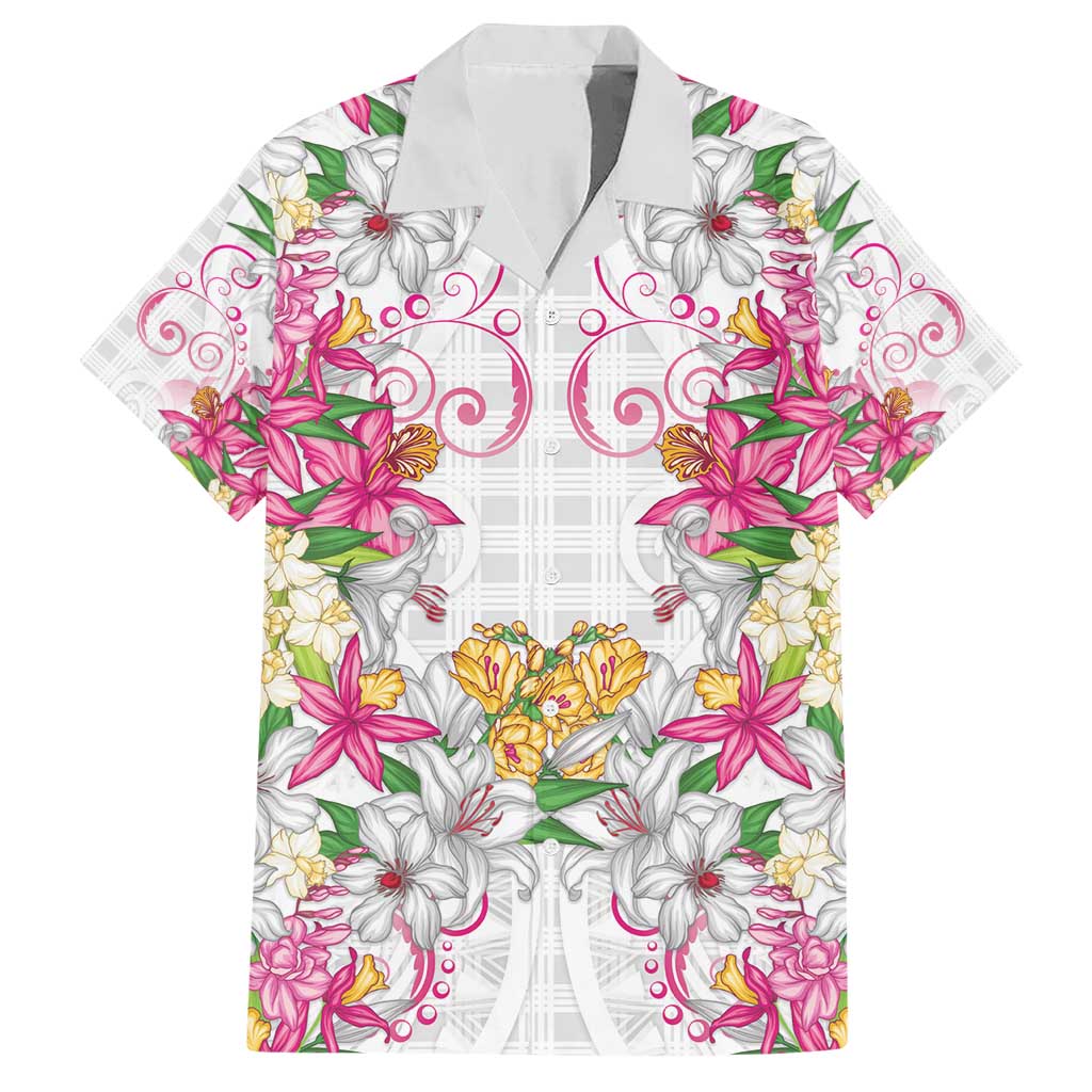 Hawaii Palaka Family Matching Short Sleeve Bodycon Dress and Hawaiian Shirt White Tribal Pattern With Tropical Flowers - Polynesian Pride