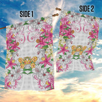 Hawaii Palaka Garden Flag White Tribal Pattern With Tropical Flowers - Polynesian Pride