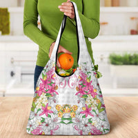 Hawaii Palaka Grocery Bag White Tribal Pattern With Tropical Flowers - Polynesian Pride